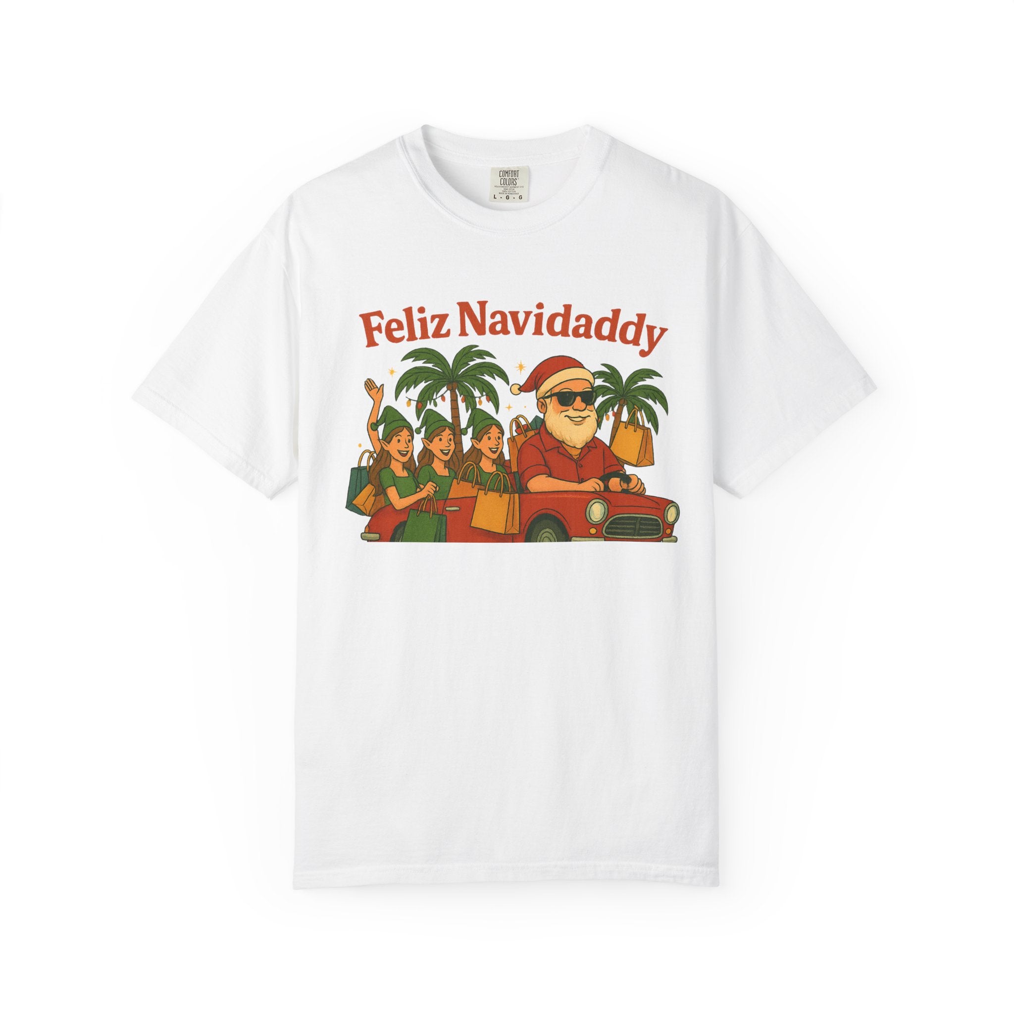 Santa with Lady Elves in Car Feliz Navidaddy T Shirt