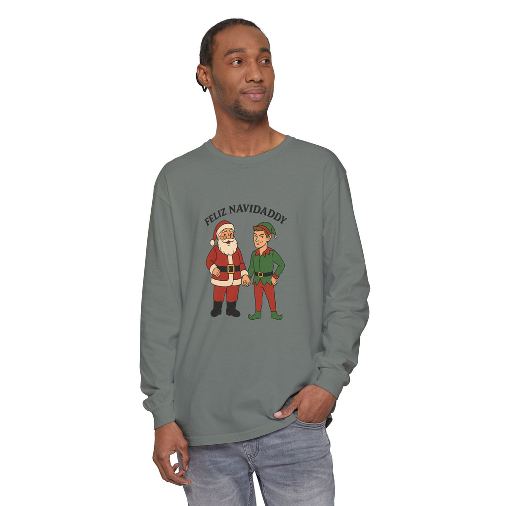 Santa Holding Handsome Elf Hand Feliz Navidaddy Long Sleeve