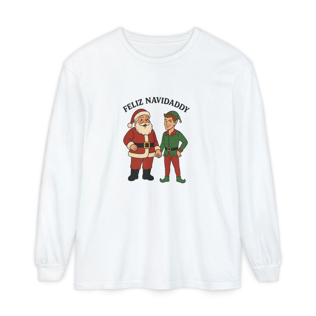 Santa Holding Handsome Elf Hand Feliz Navidaddy Long Sleeve