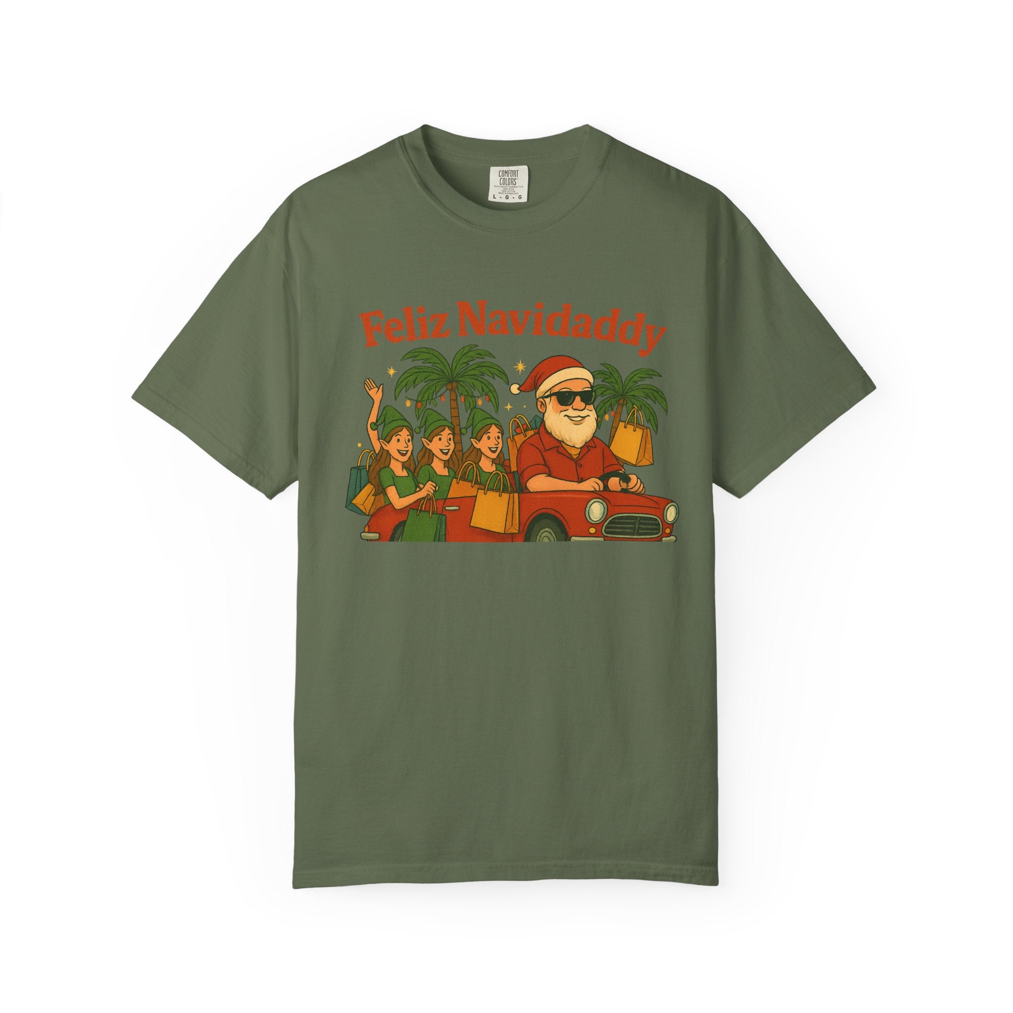 Santa with Lady Elves in Car Feliz Navidaddy T Shirt