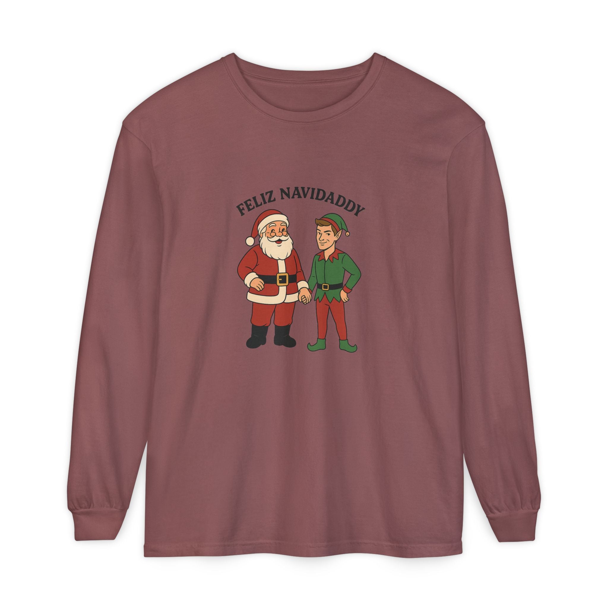 Santa Holding Handsome Elf Hand Feliz Navidaddy Long Sleeve