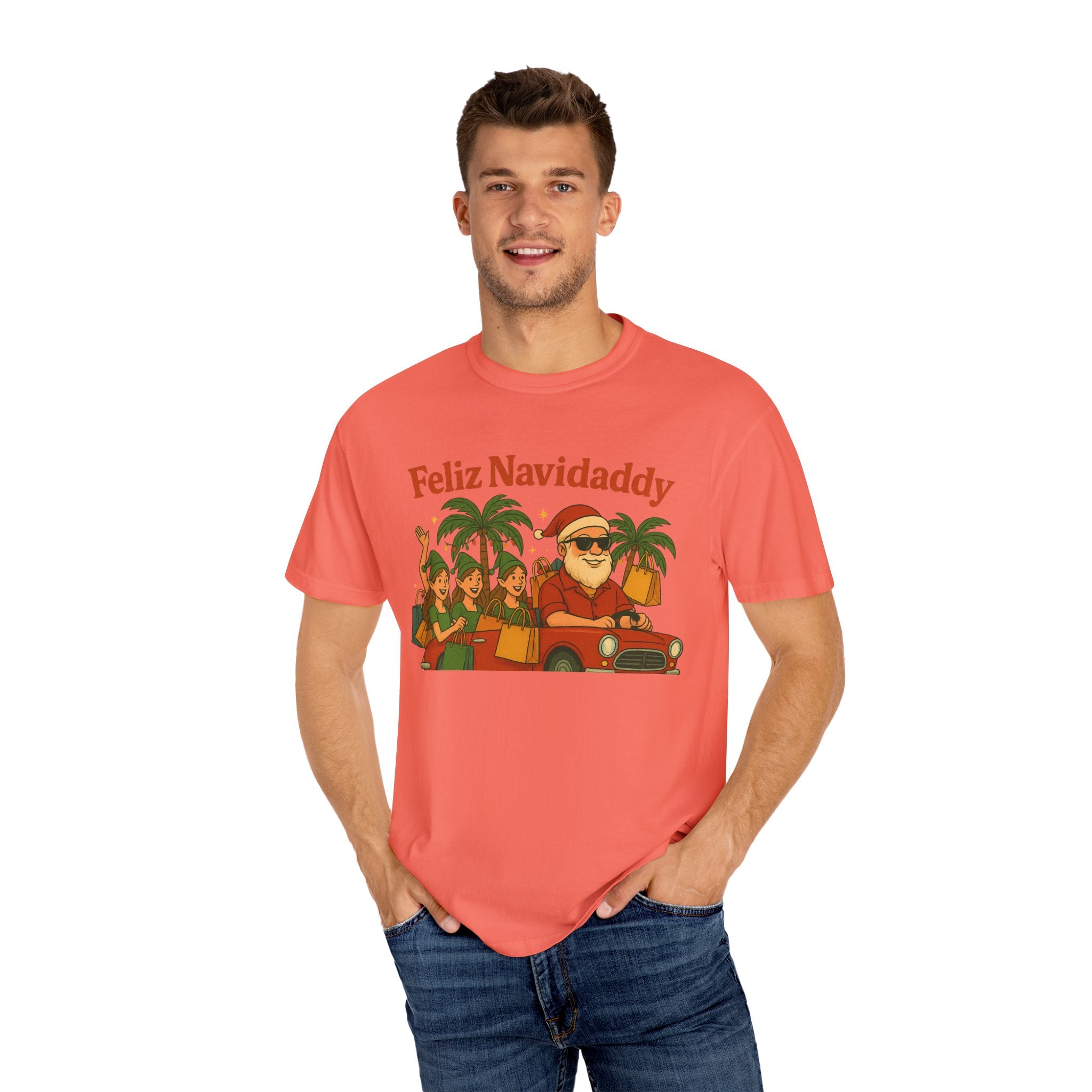 Santa with Lady Elves in Car Feliz Navidaddy T Shirt