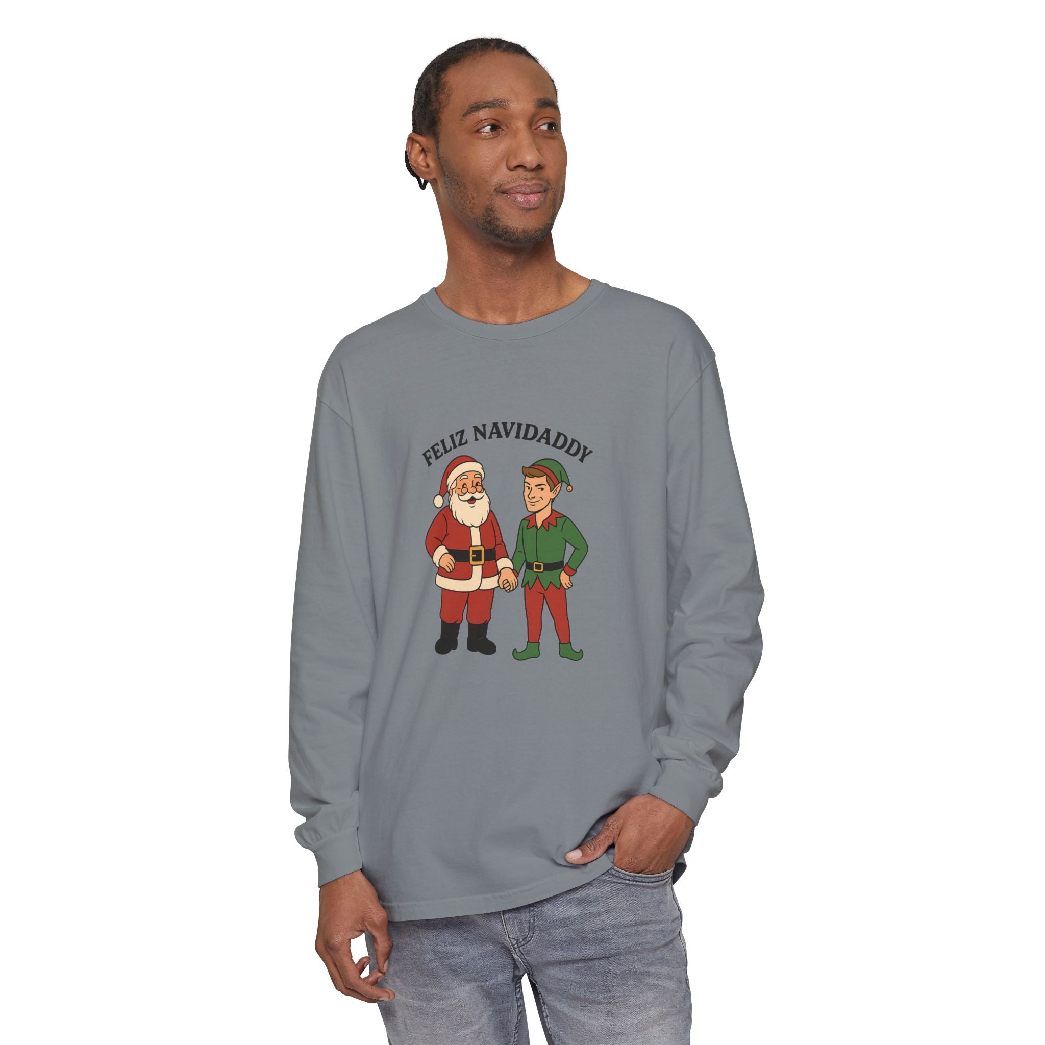 Santa Holding Handsome Elf Hand Feliz Navidaddy Long Sleeve