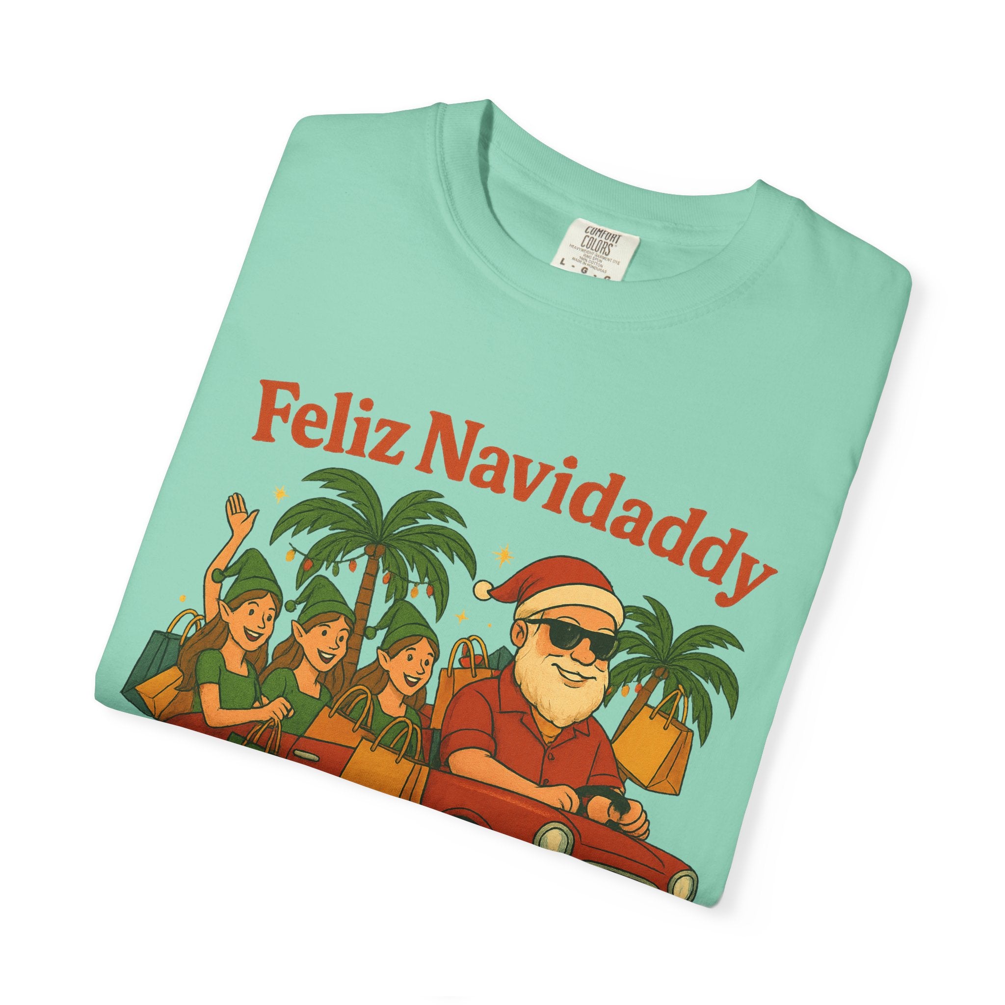 Santa with Lady Elves in Car Feliz Navidaddy T Shirt
