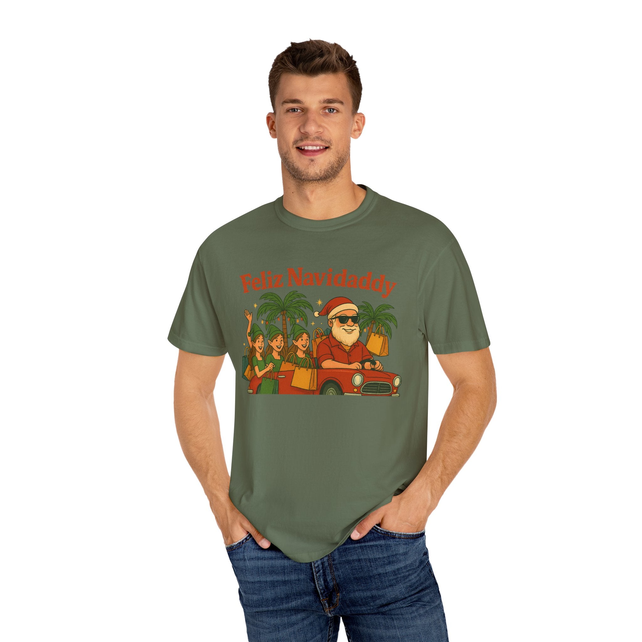 Santa with Lady Elves in Car Feliz Navidaddy T Shirt