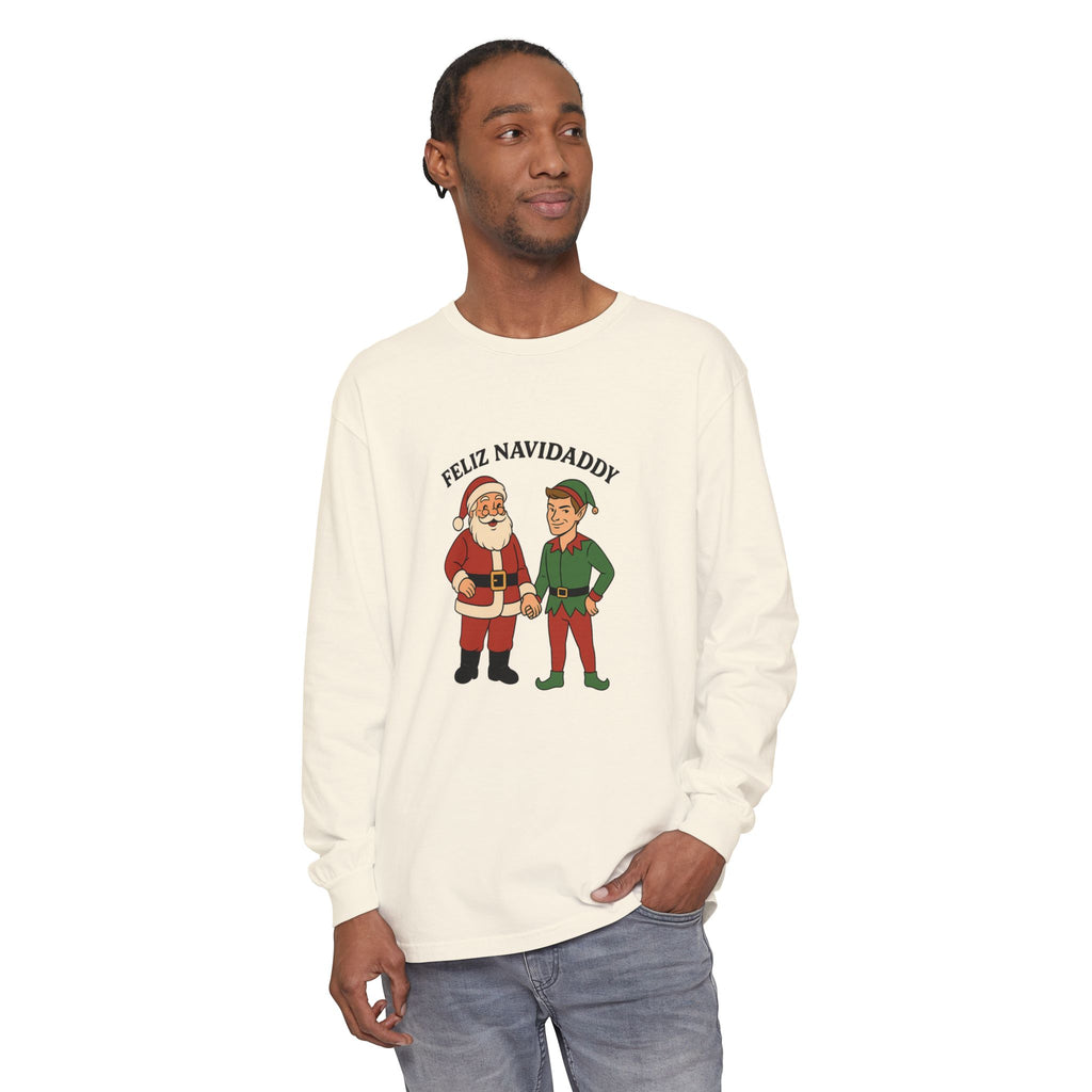 Santa Holding Handsome Elf Hand Feliz Navidaddy Long Sleeve