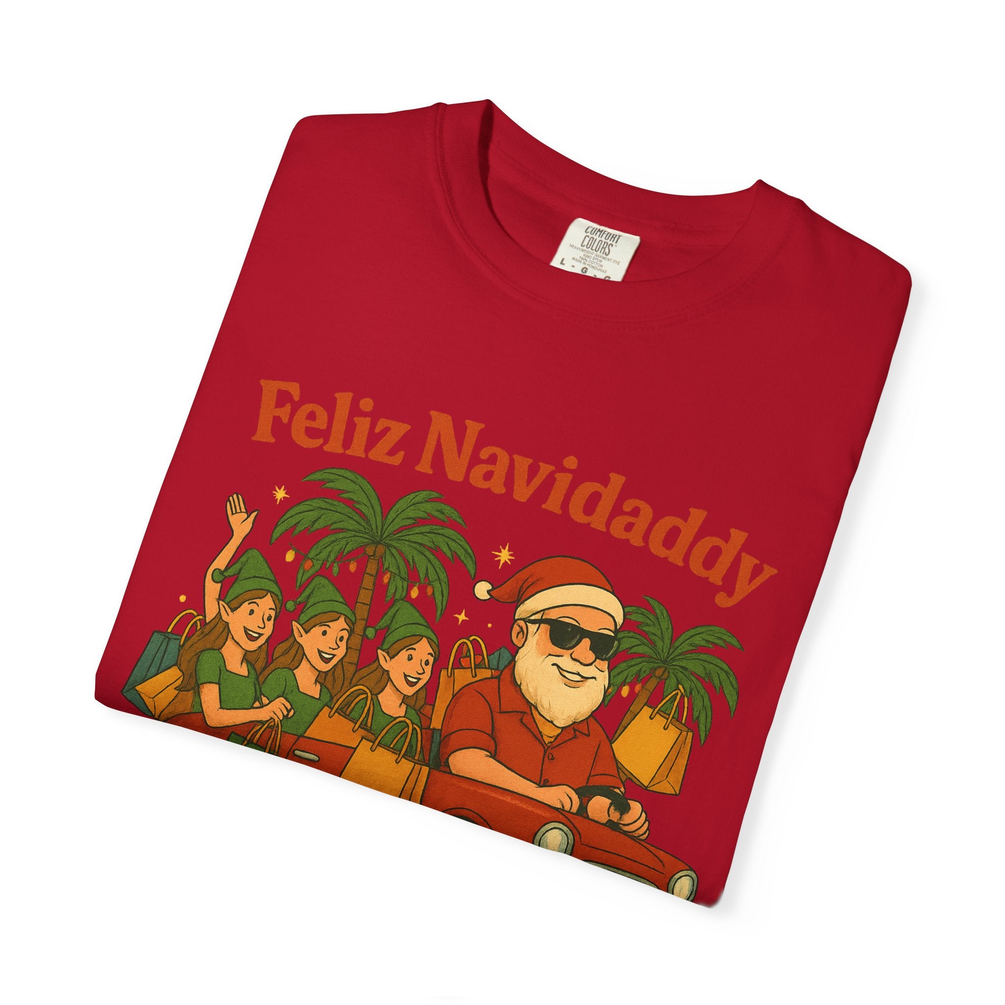 Santa with Lady Elves in Car Feliz Navidaddy T Shirt