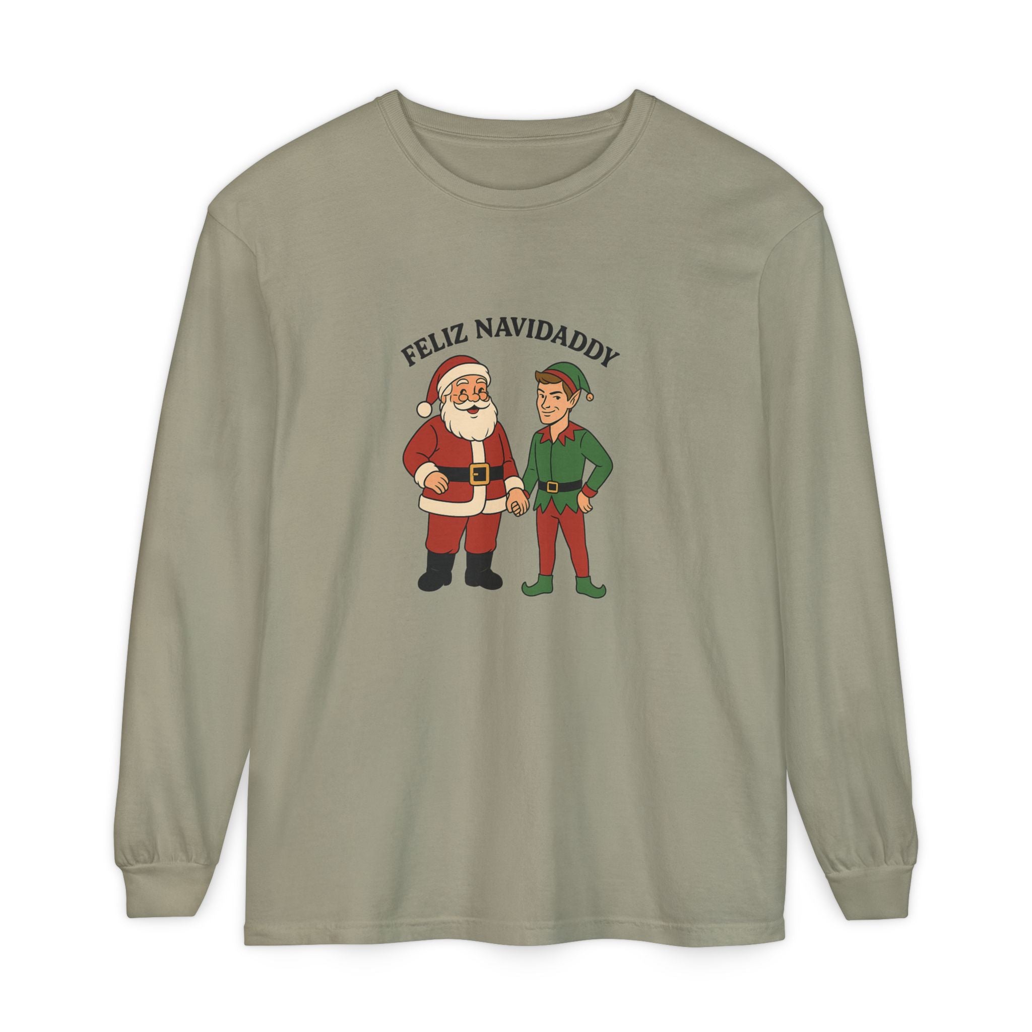 Santa Holding Handsome Elf Hand Feliz Navidaddy Long Sleeve