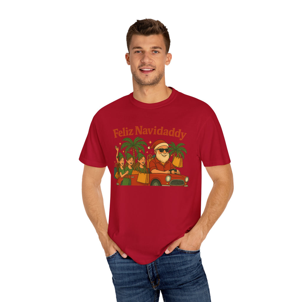 Santa with Lady Elves in Car Feliz Navidaddy T Shirt
