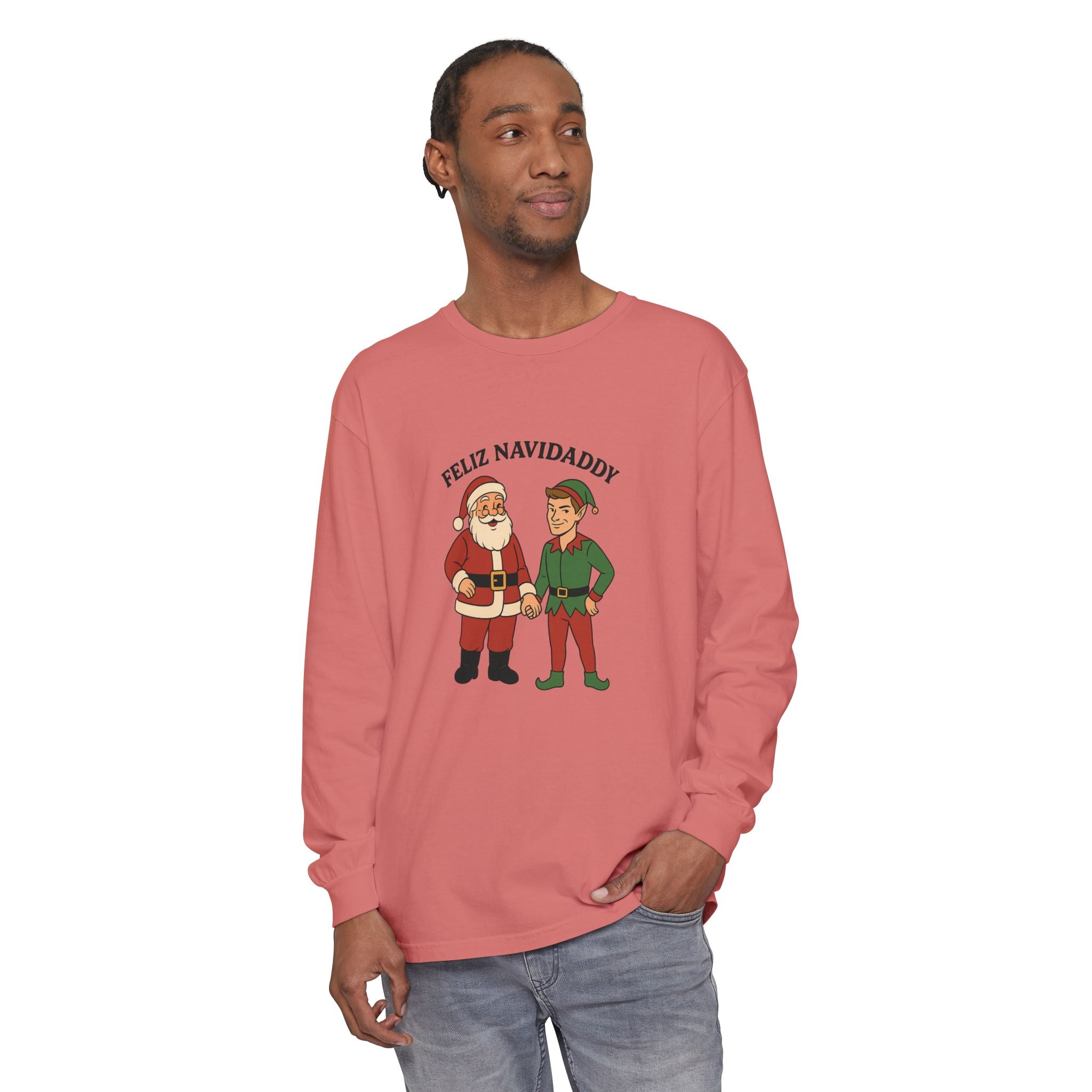 Santa Holding Handsome Elf Hand Feliz Navidaddy Long Sleeve