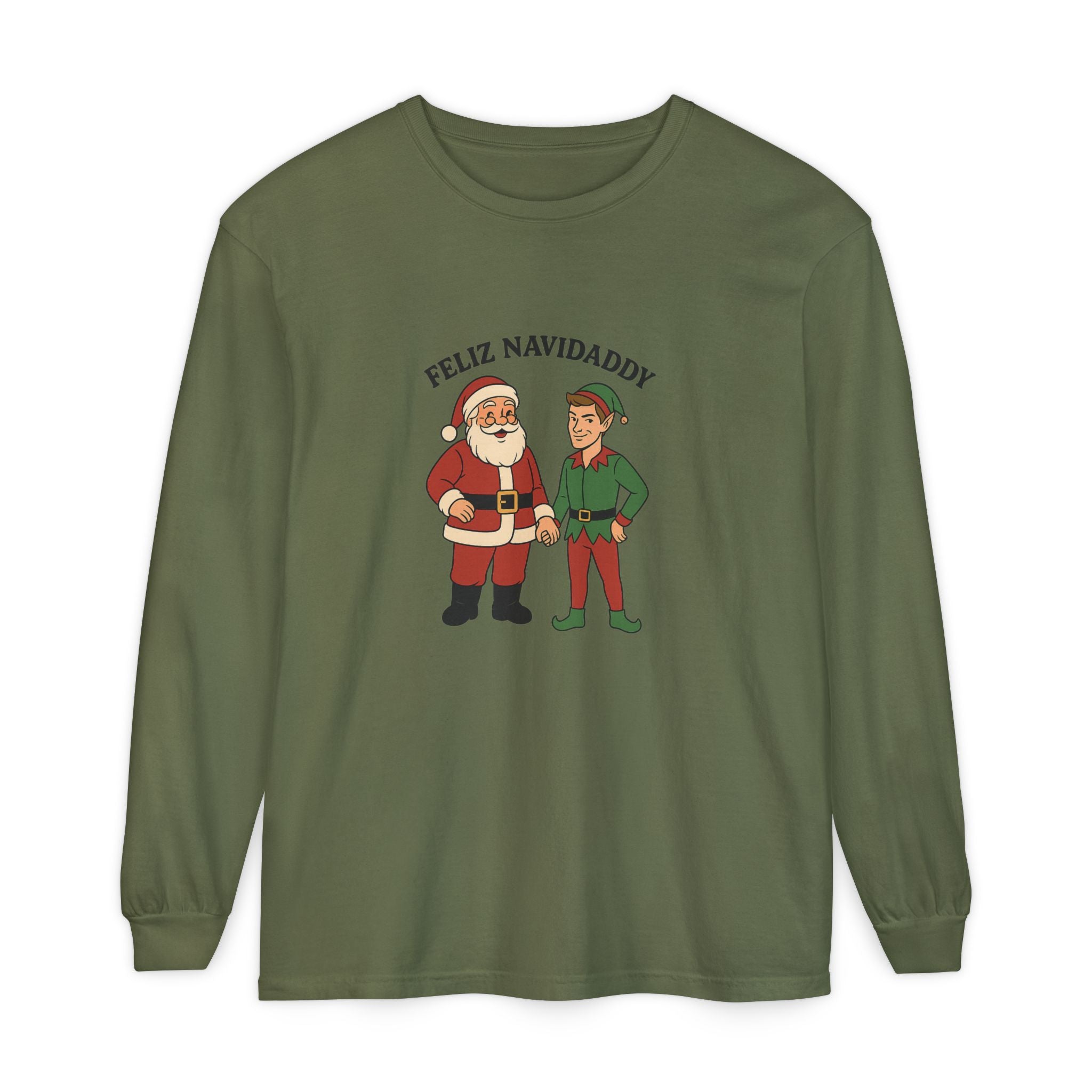 Santa Holding Handsome Elf Hand Feliz Navidaddy Long Sleeve