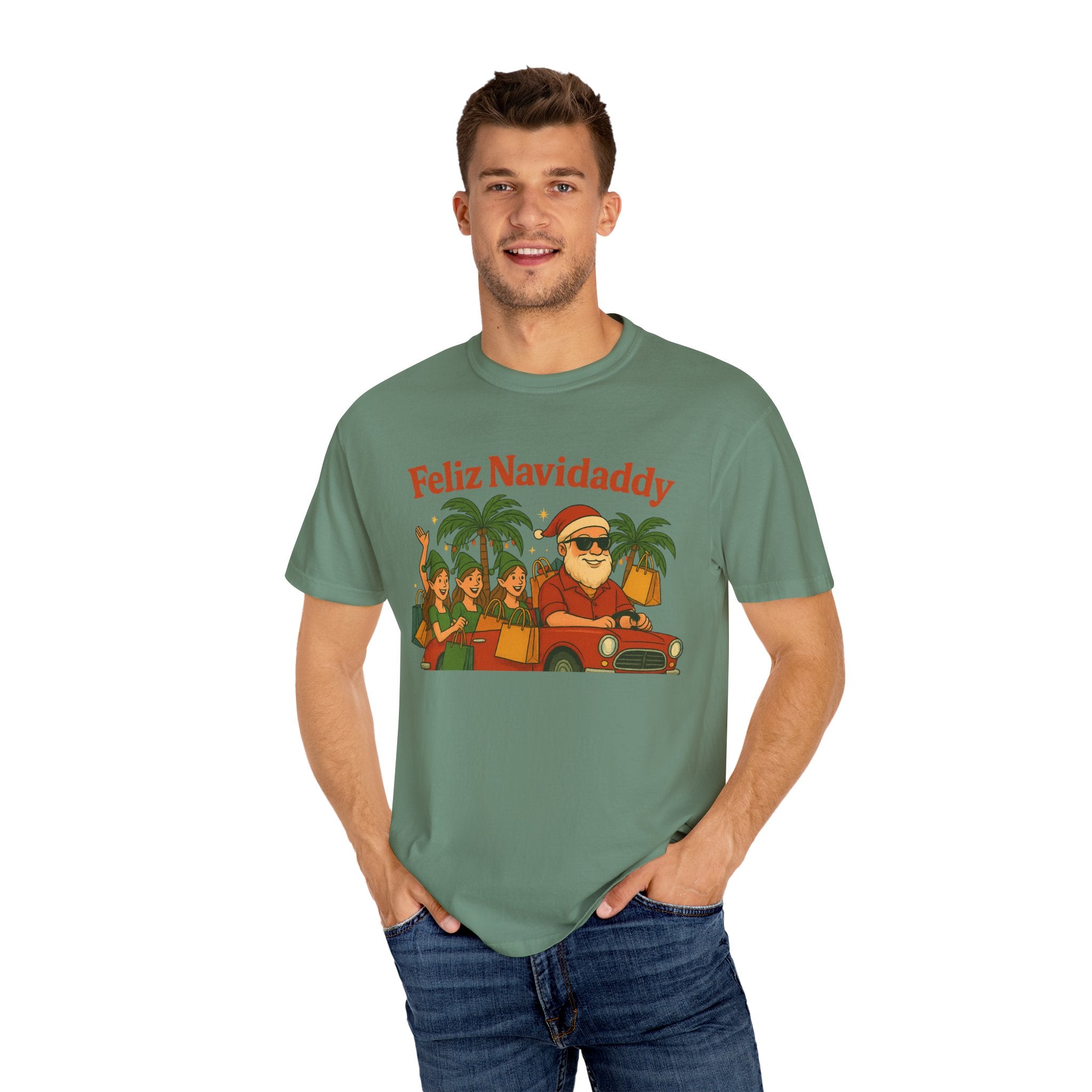 Santa with Lady Elves in Car Feliz Navidaddy T Shirt
