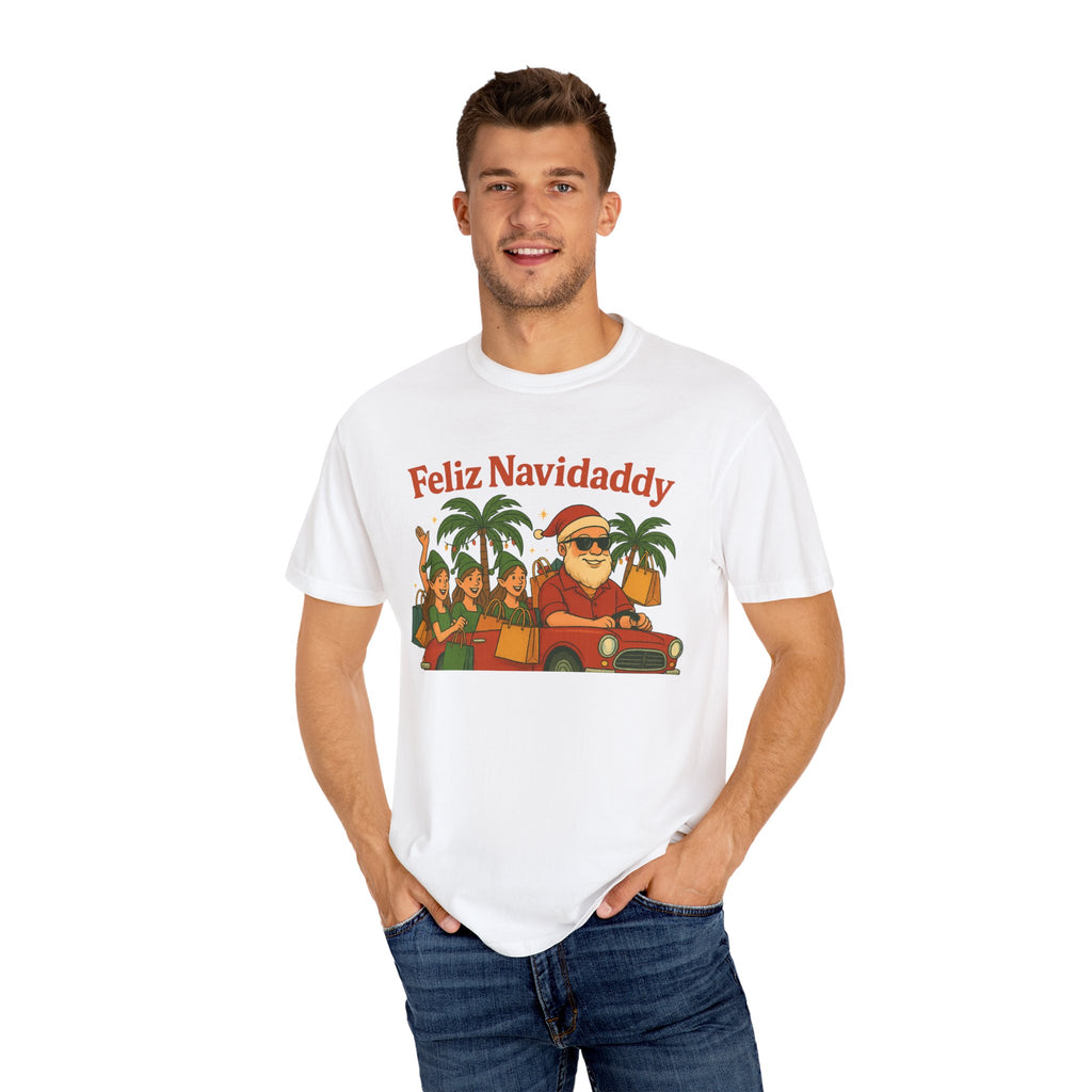 Santa with Lady Elves in Car Feliz Navidaddy T Shirt