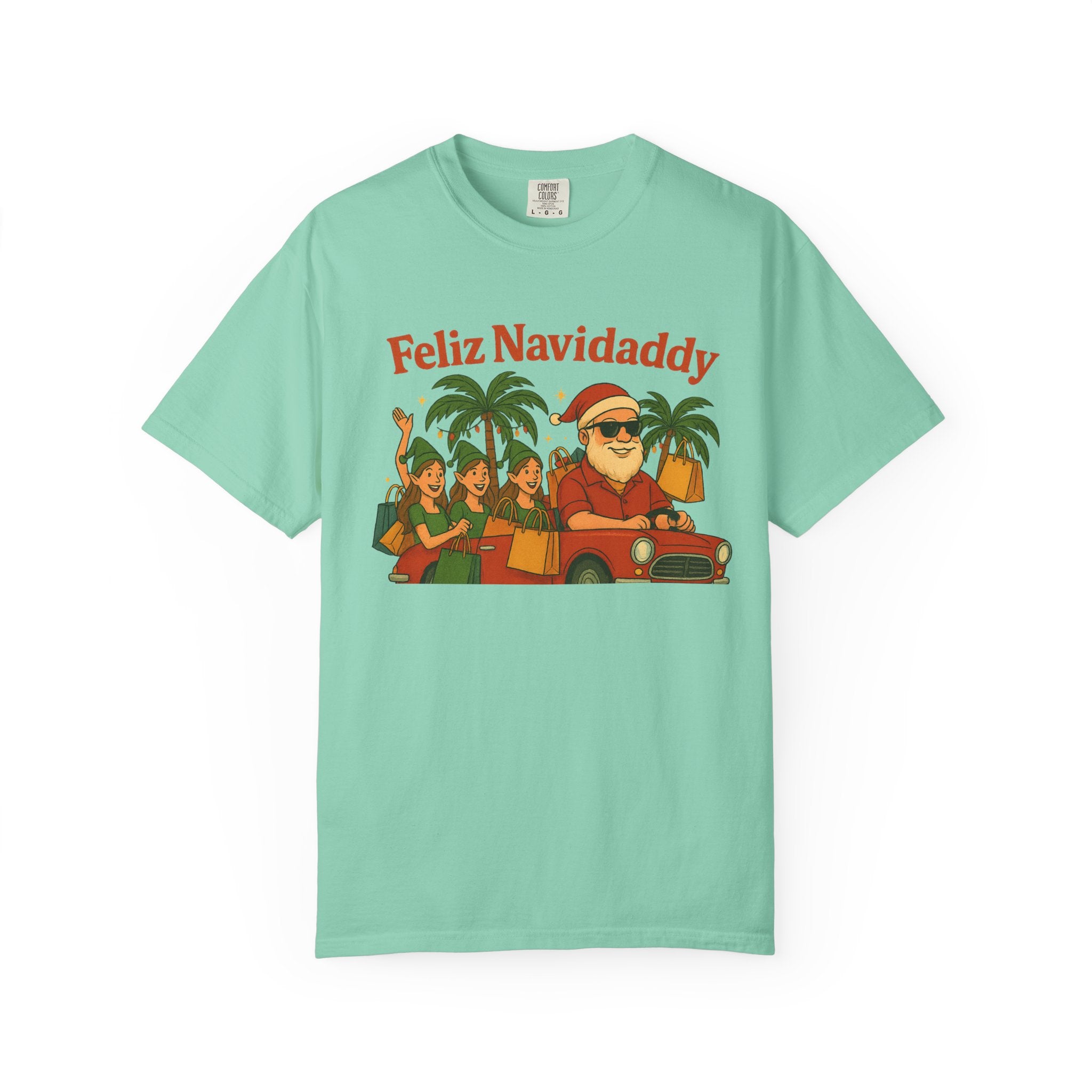 Santa with Lady Elves in Car Feliz Navidaddy T Shirt