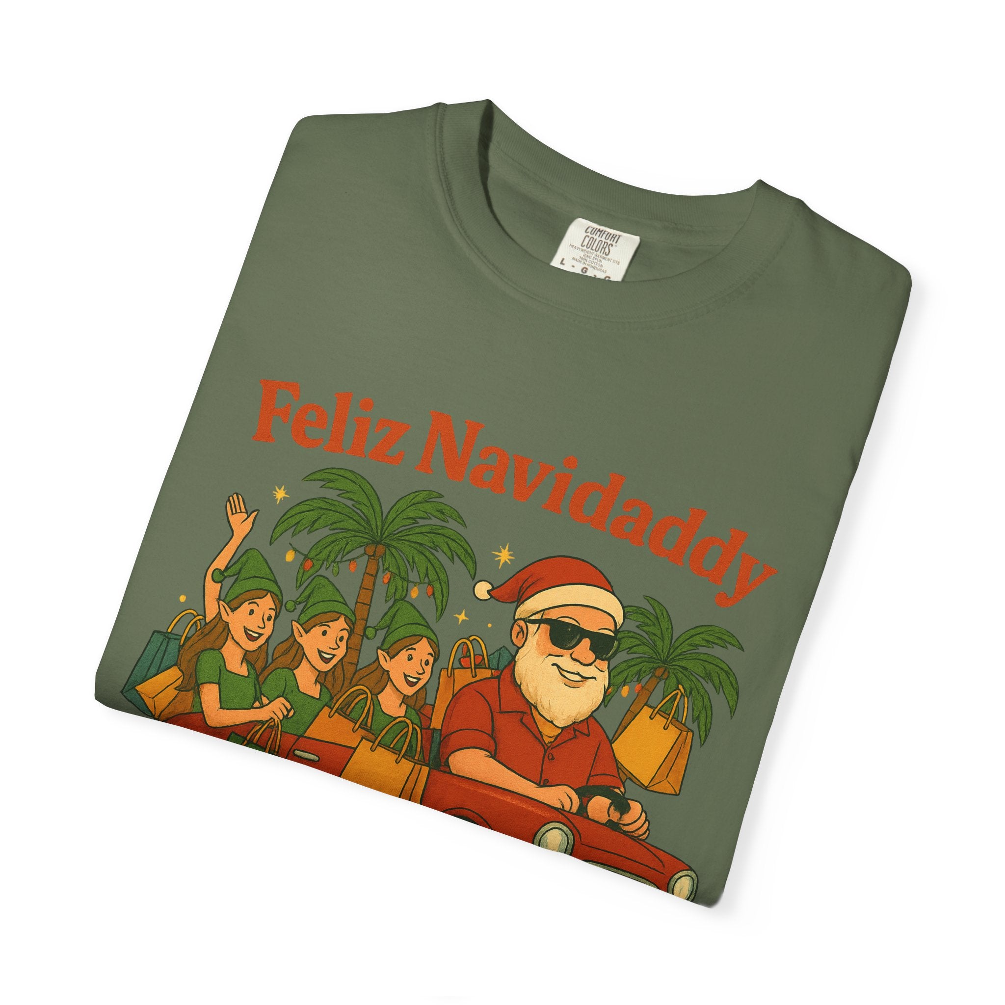 Santa with Lady Elves in Car Feliz Navidaddy T Shirt
