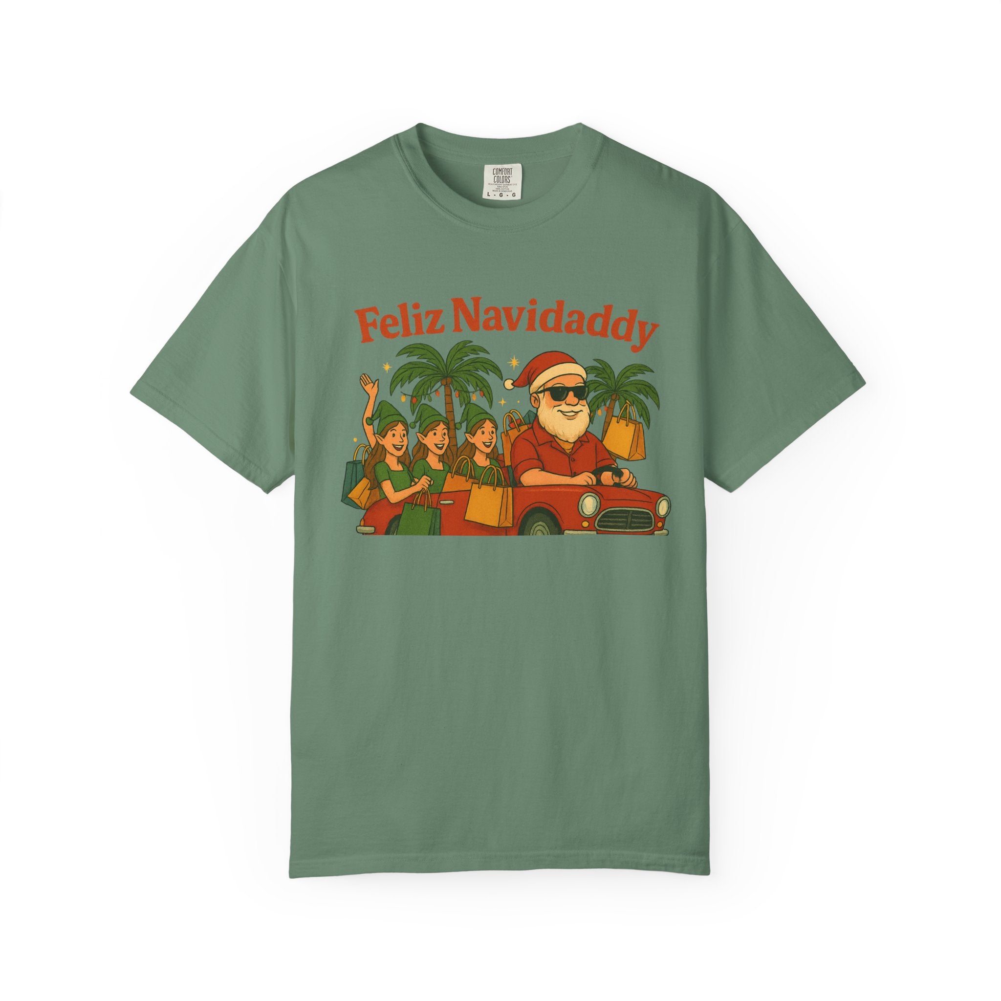 Santa with Lady Elves in Car Feliz Navidaddy T Shirt