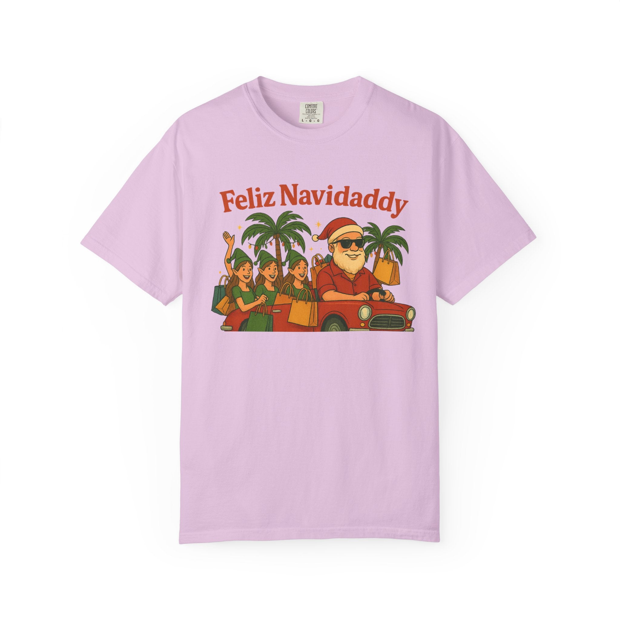 Santa with Lady Elves in Car Feliz Navidaddy T Shirt