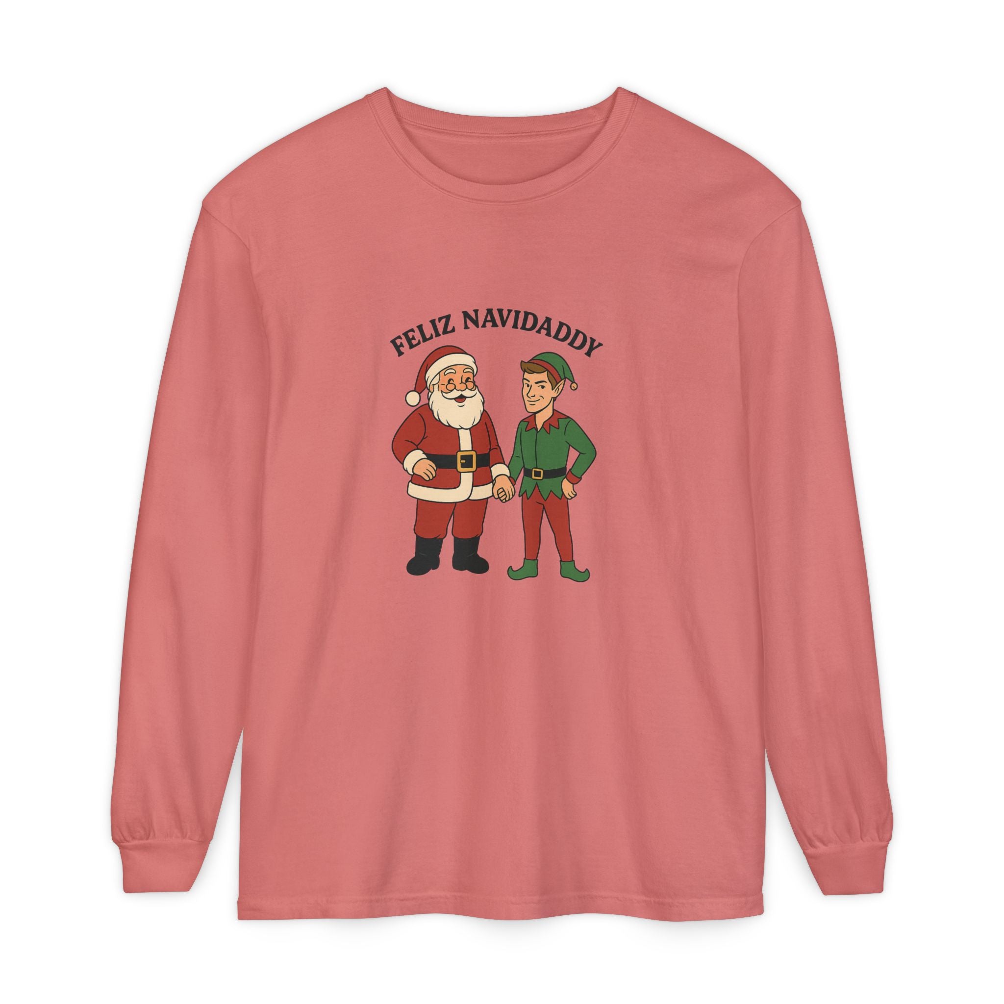 Santa Holding Handsome Elf Hand Feliz Navidaddy Long Sleeve
