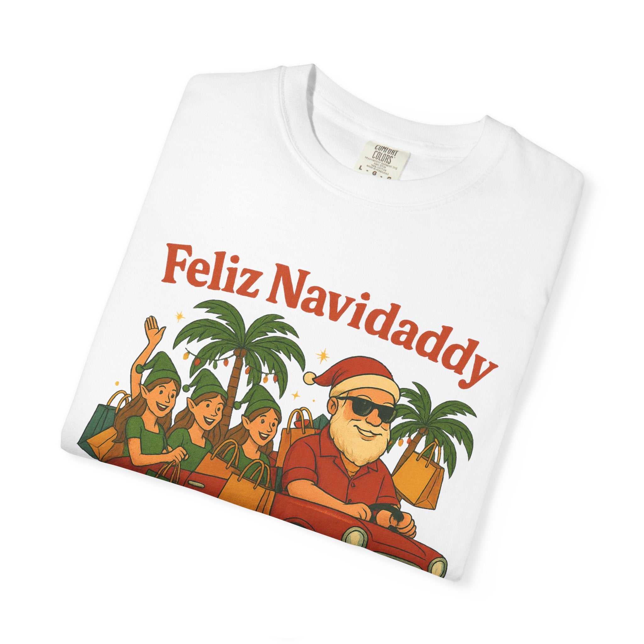 Santa with Lady Elves in Car Feliz Navidaddy T Shirt