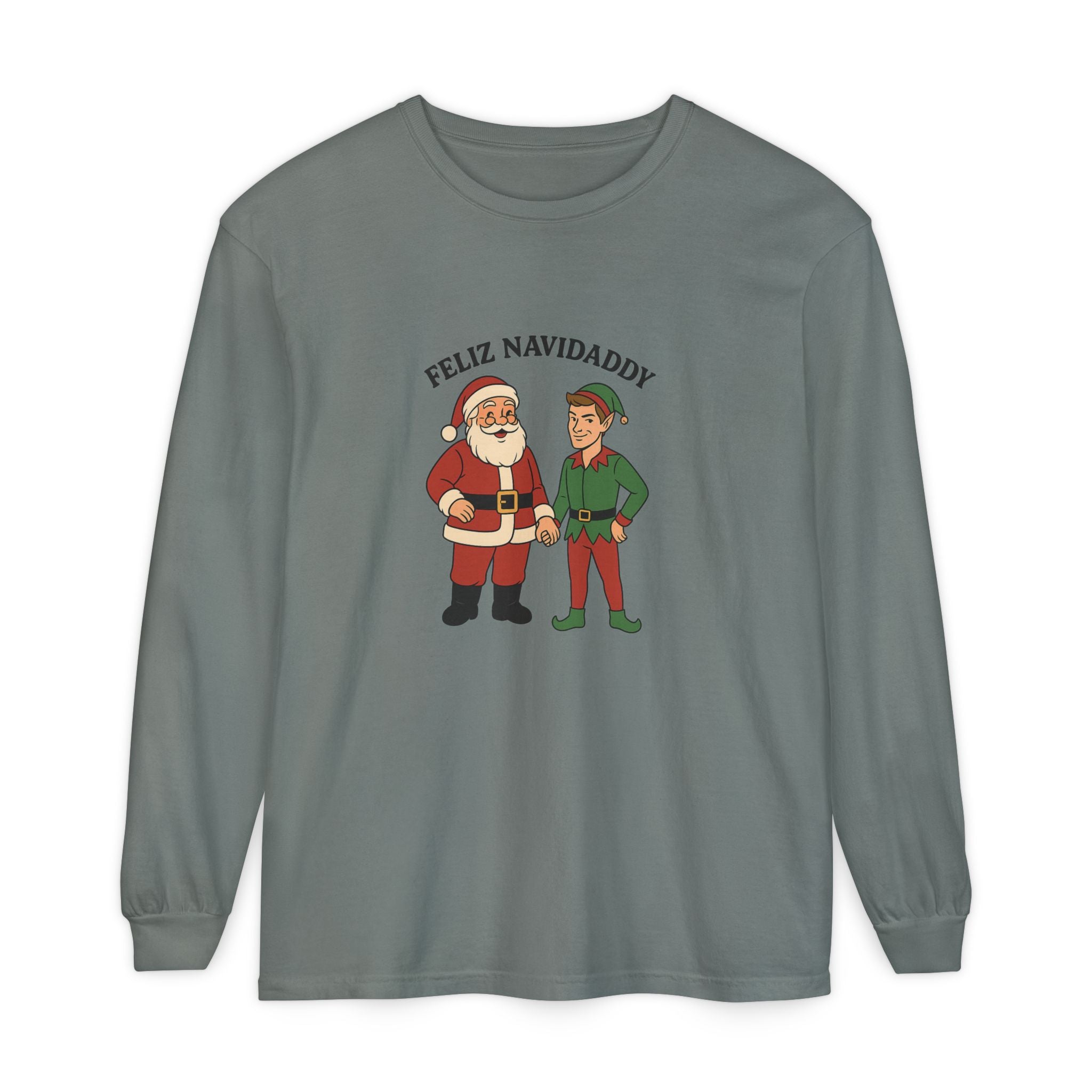 Santa Holding Handsome Elf Hand Feliz Navidaddy Long Sleeve