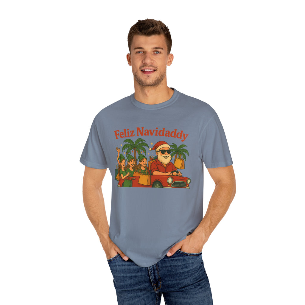 Santa with Lady Elves in Car Feliz Navidaddy T Shirt