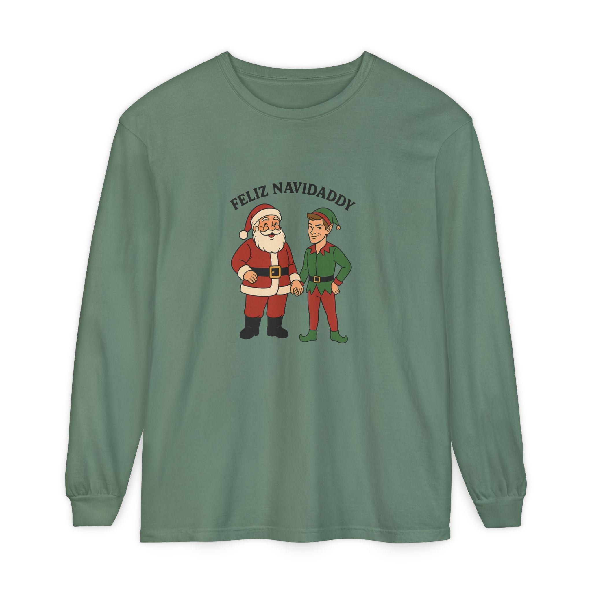 Santa Holding Handsome Elf Hand Feliz Navidaddy Long Sleeve
