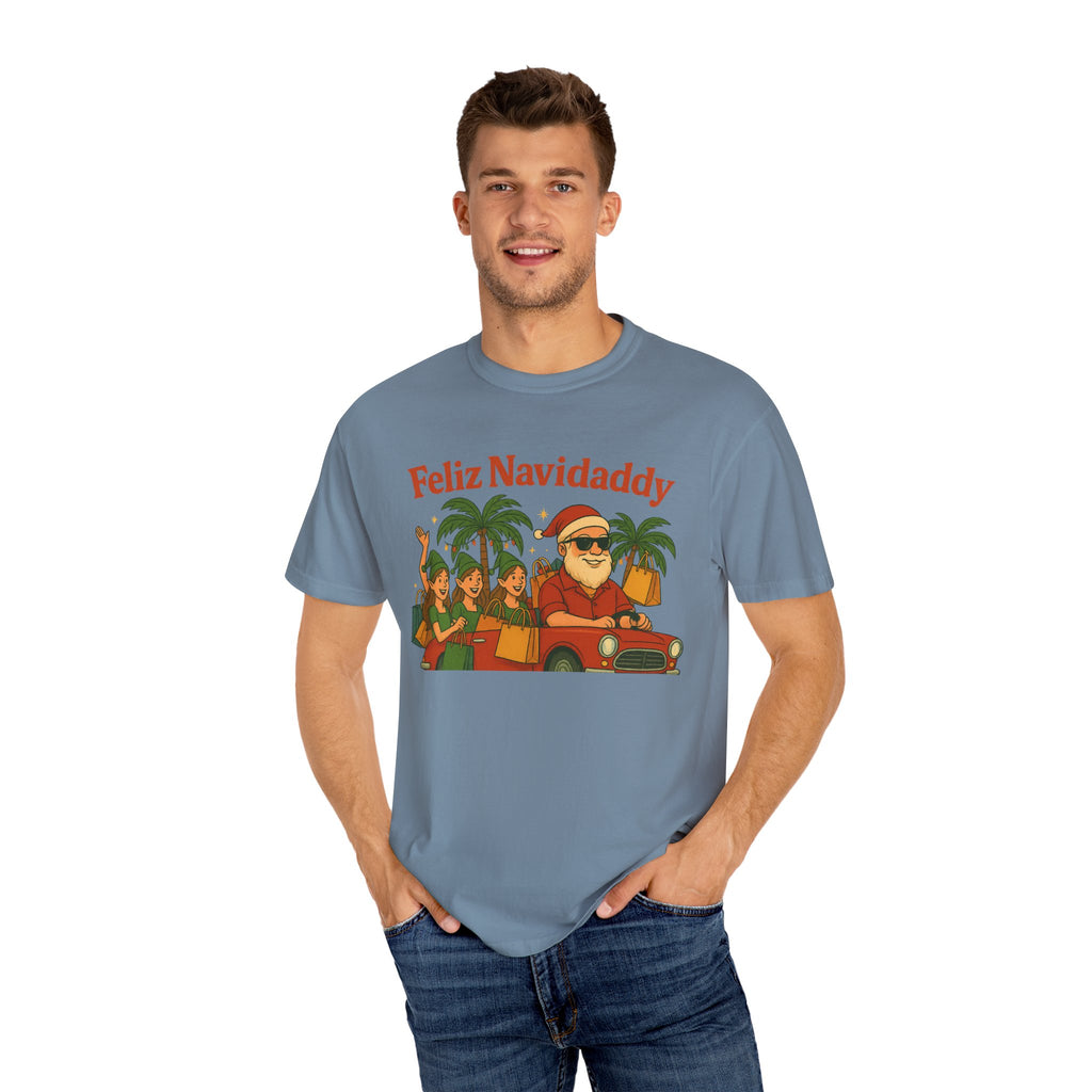 Santa with Lady Elves in Car Feliz Navidaddy T Shirt