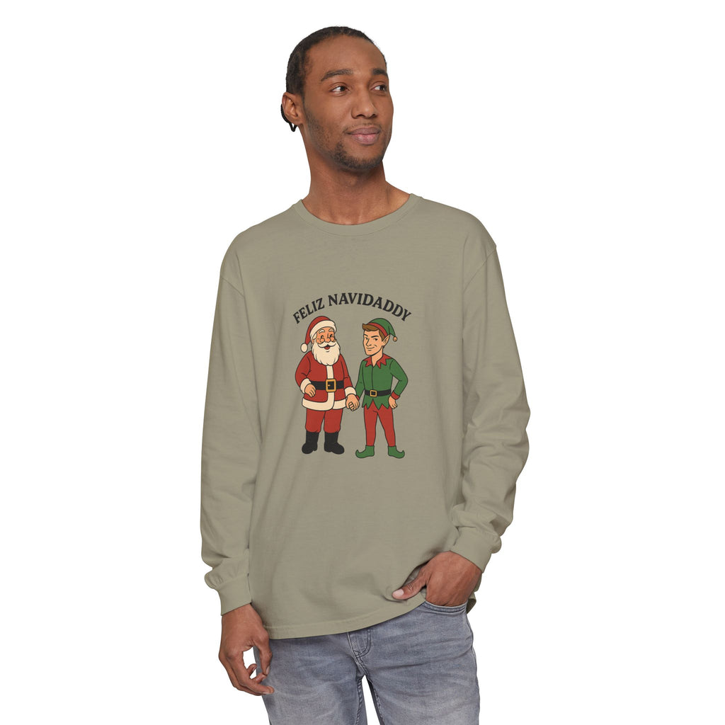 Santa Holding Handsome Elf Hand Feliz Navidaddy Long Sleeve