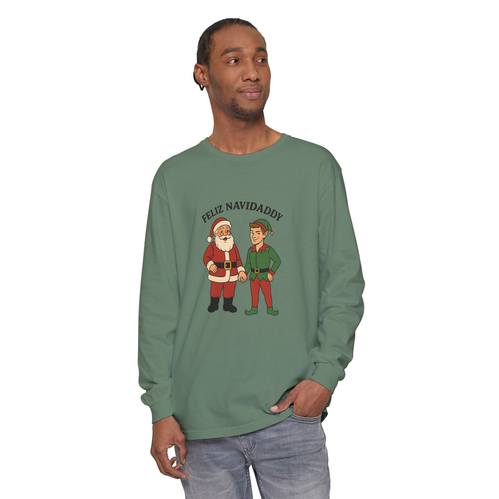 Santa Holding Handsome Elf Hand Feliz Navidaddy Long Sleeve