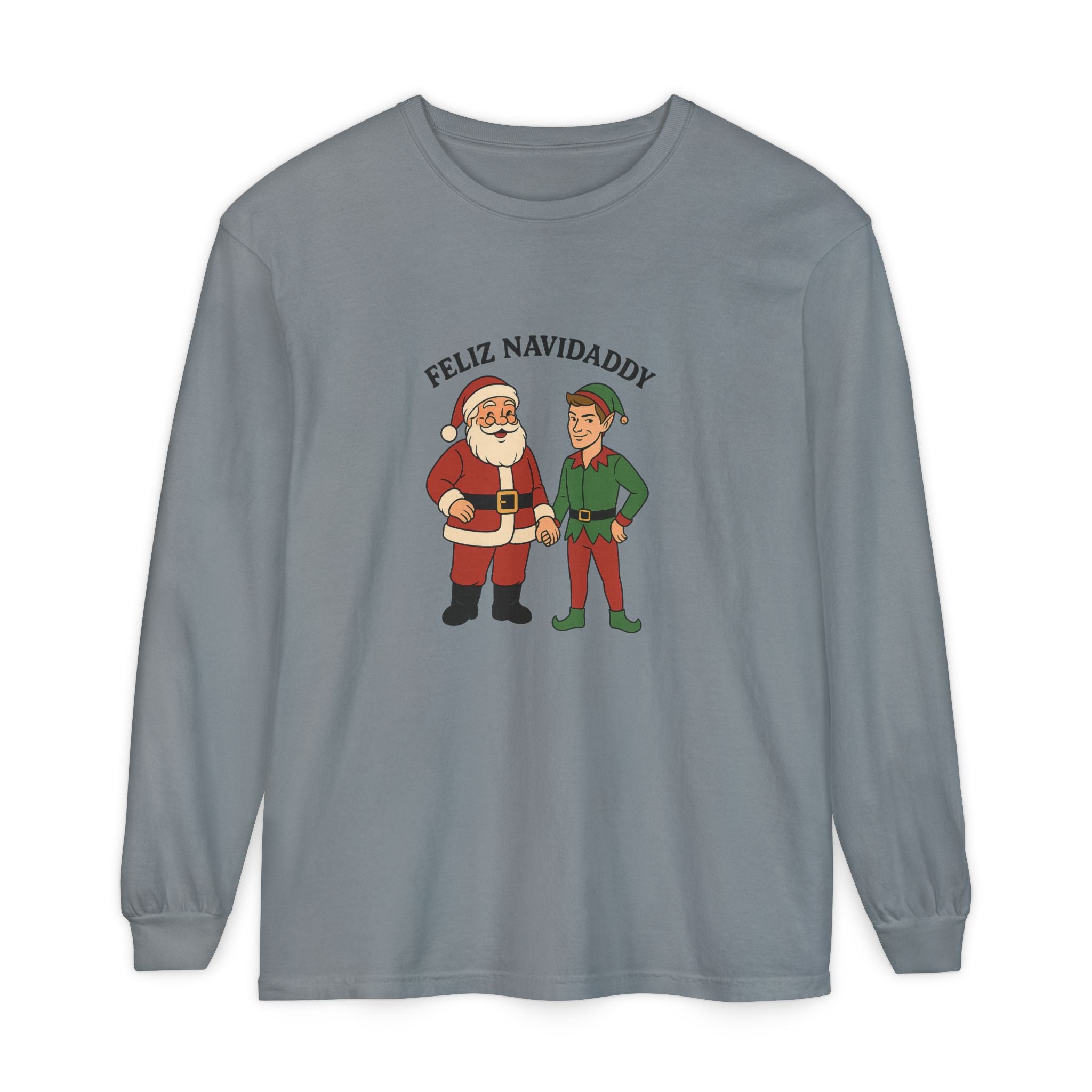 Santa Holding Handsome Elf Hand Feliz Navidaddy Long Sleeve