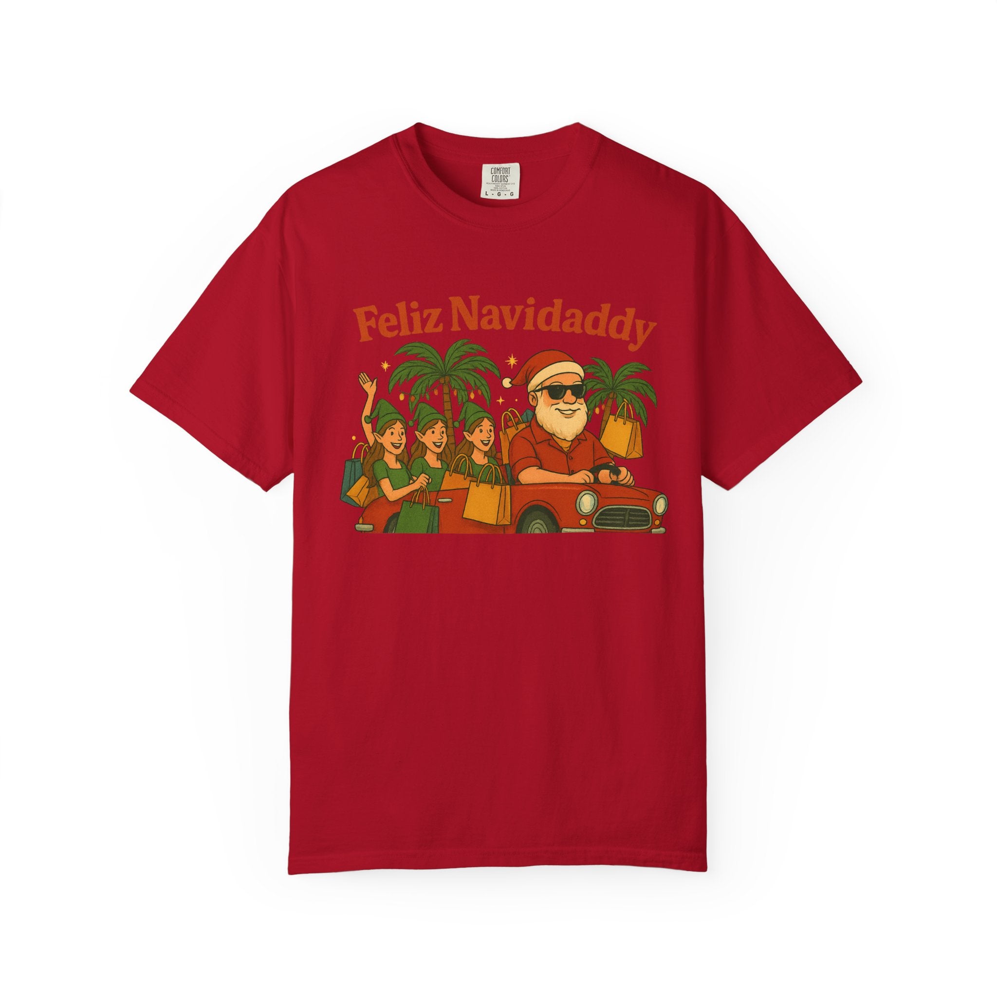 Santa with Lady Elves in Car Feliz Navidaddy T Shirt