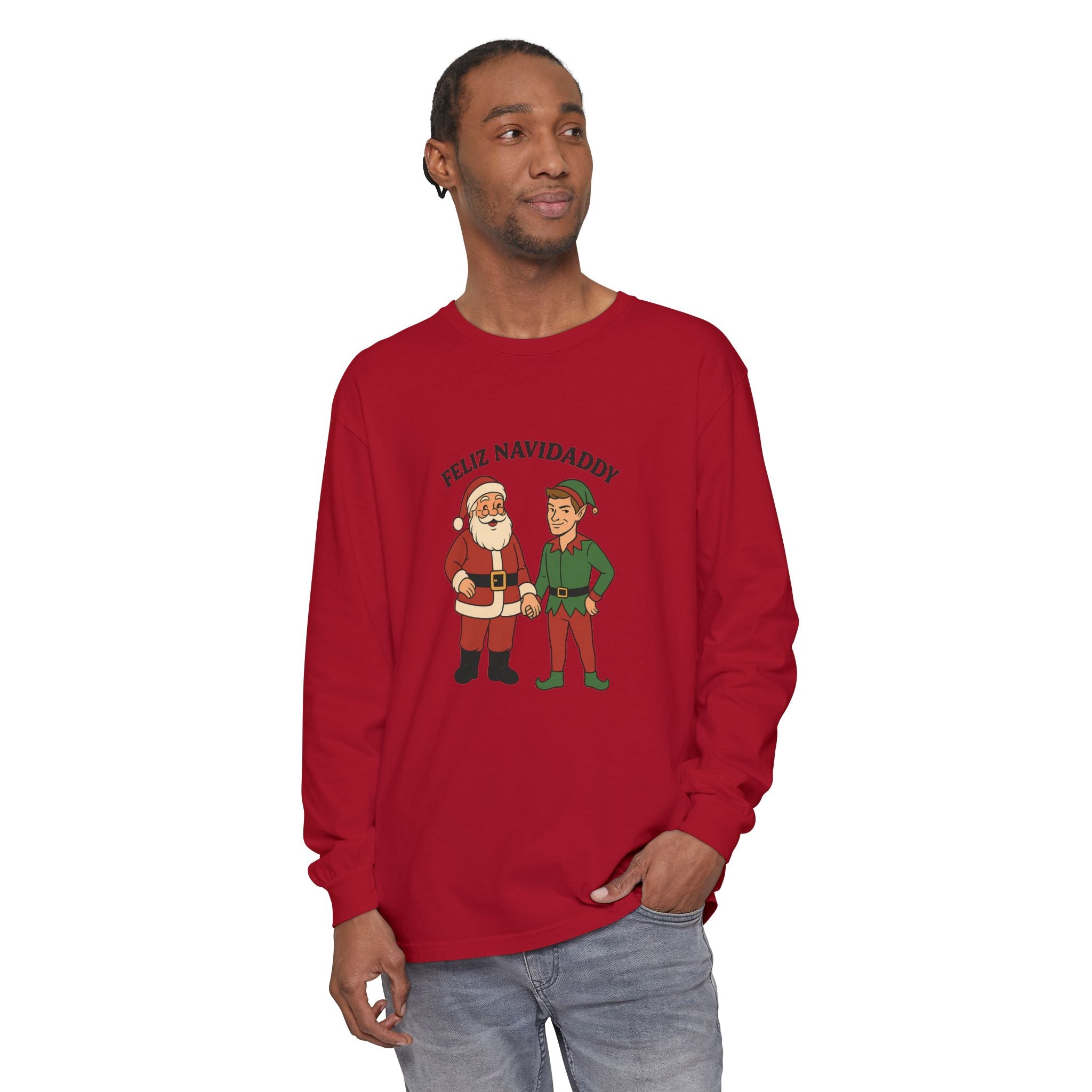 Santa Holding Handsome Elf Hand Feliz Navidaddy Long Sleeve