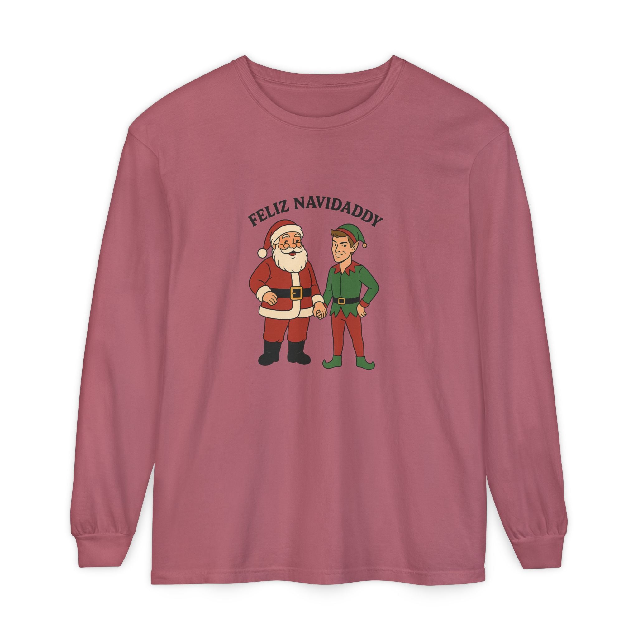 Santa Holding Handsome Elf Hand Feliz Navidaddy Long Sleeve