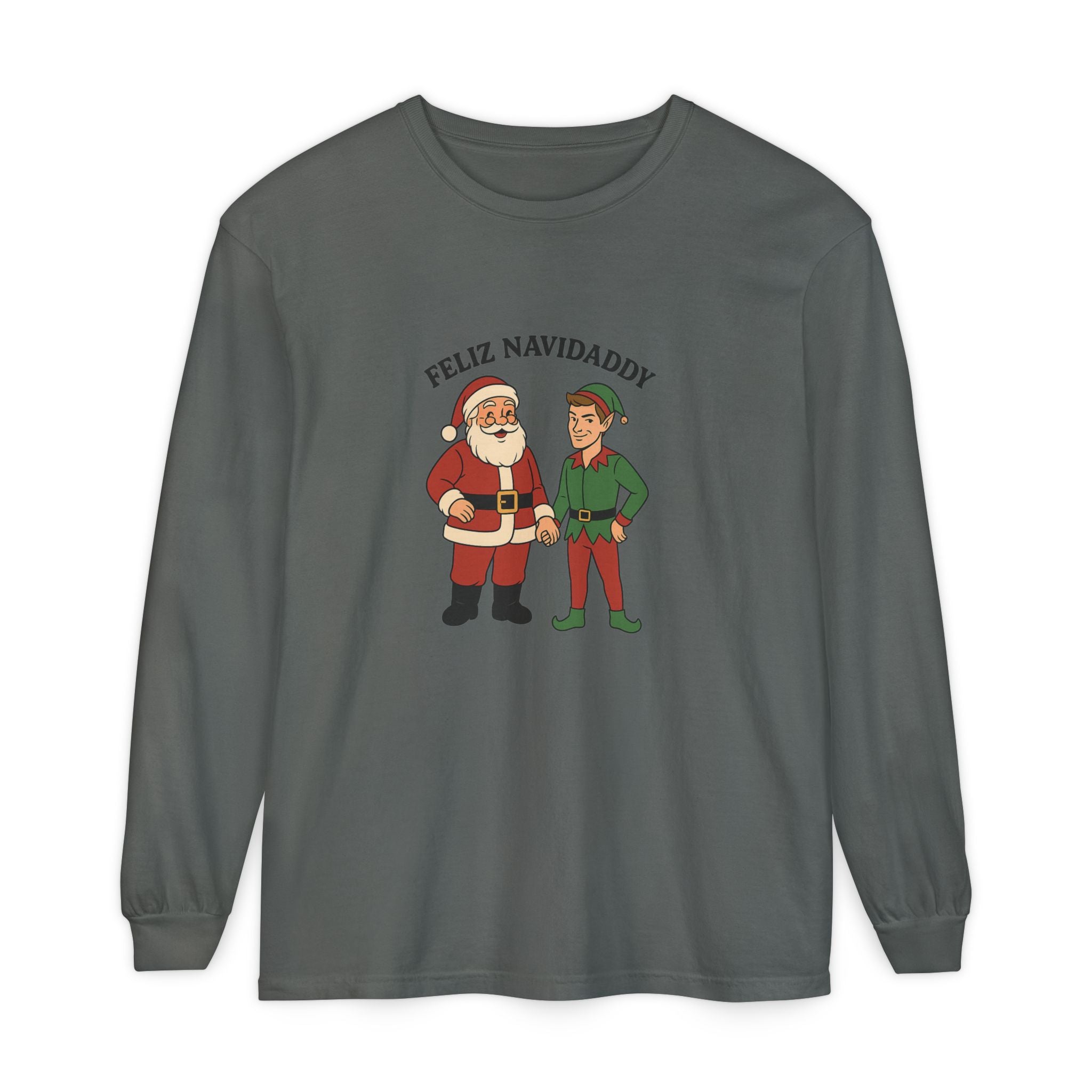 Santa Holding Handsome Elf Hand Feliz Navidaddy Long Sleeve