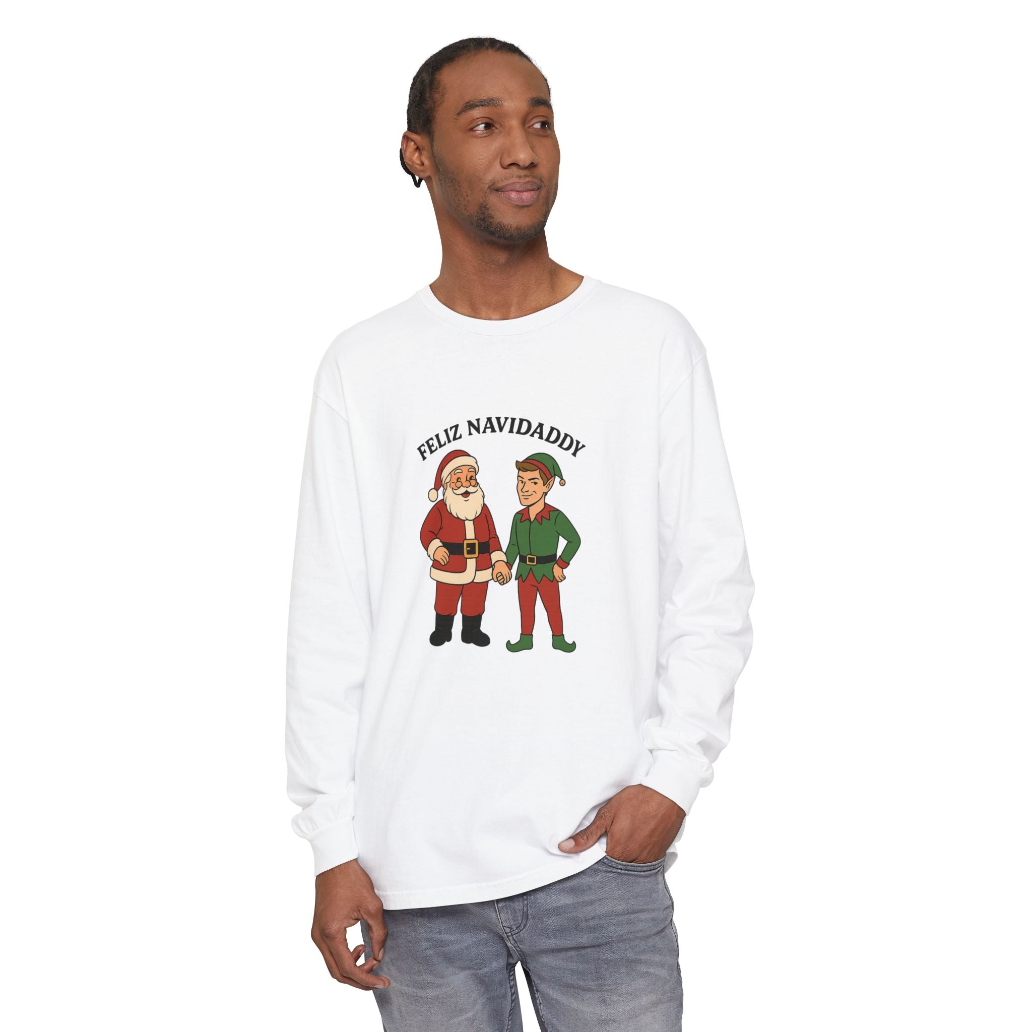 Santa Holding Handsome Elf Hand Feliz Navidaddy Long Sleeve