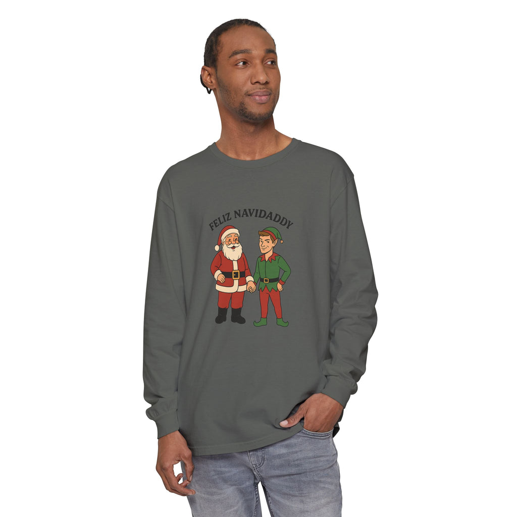 Santa Holding Handsome Elf Hand Feliz Navidaddy Long Sleeve
