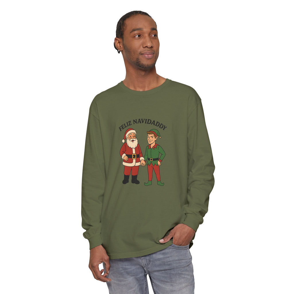 Santa Holding Handsome Elf Hand Feliz Navidaddy Long Sleeve