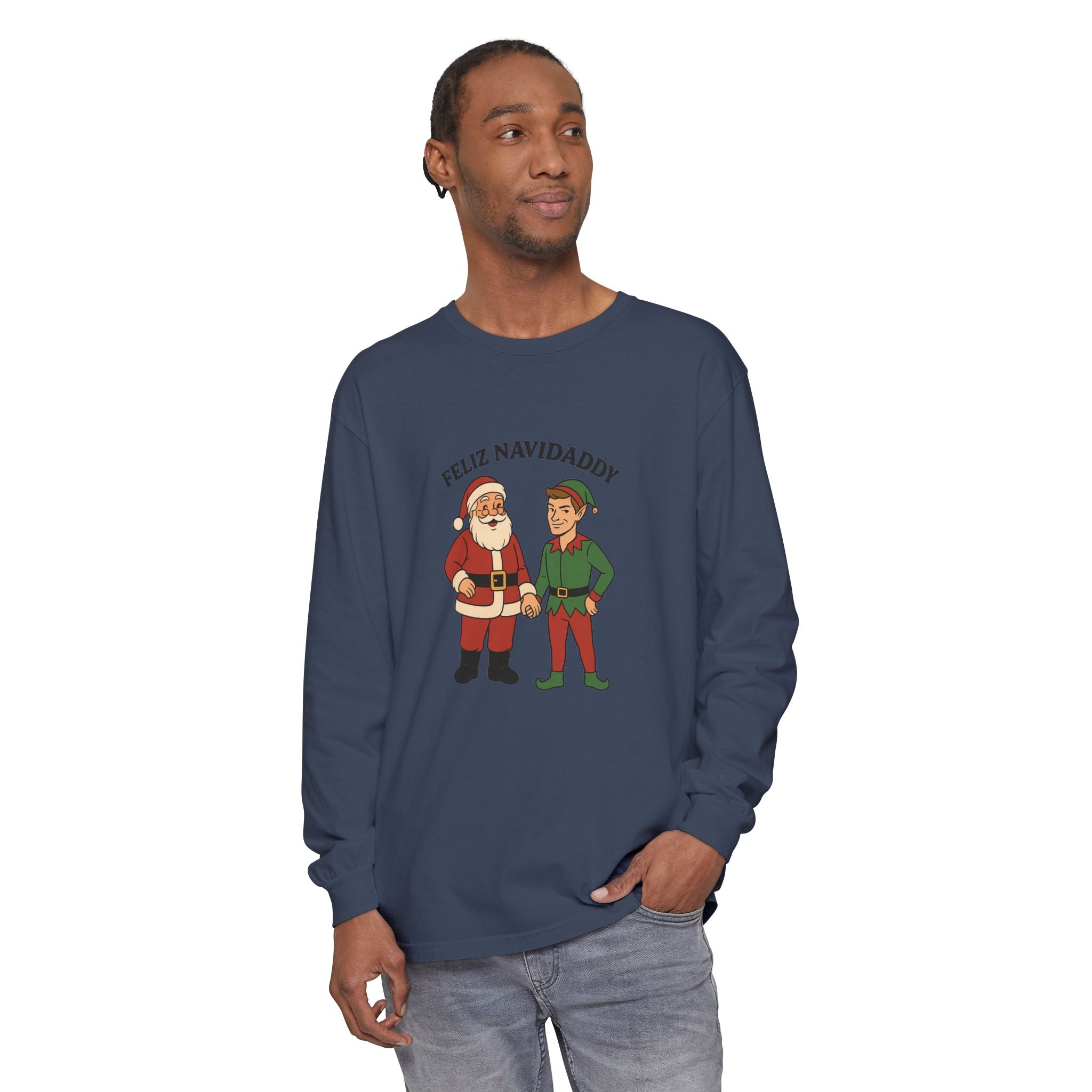 Santa Holding Handsome Elf Hand Feliz Navidaddy Long Sleeve
