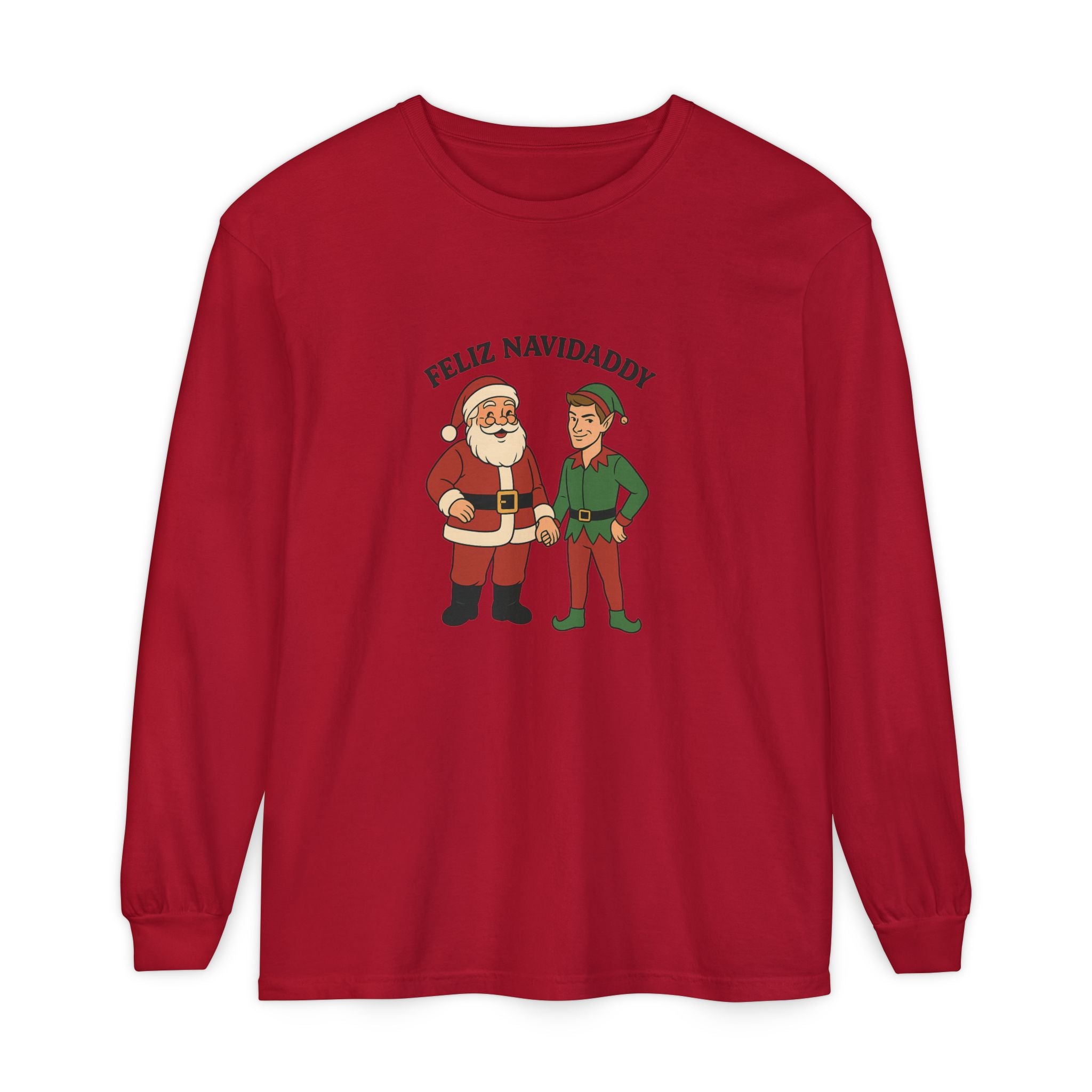Santa Holding Handsome Elf Hand Feliz Navidaddy Long Sleeve